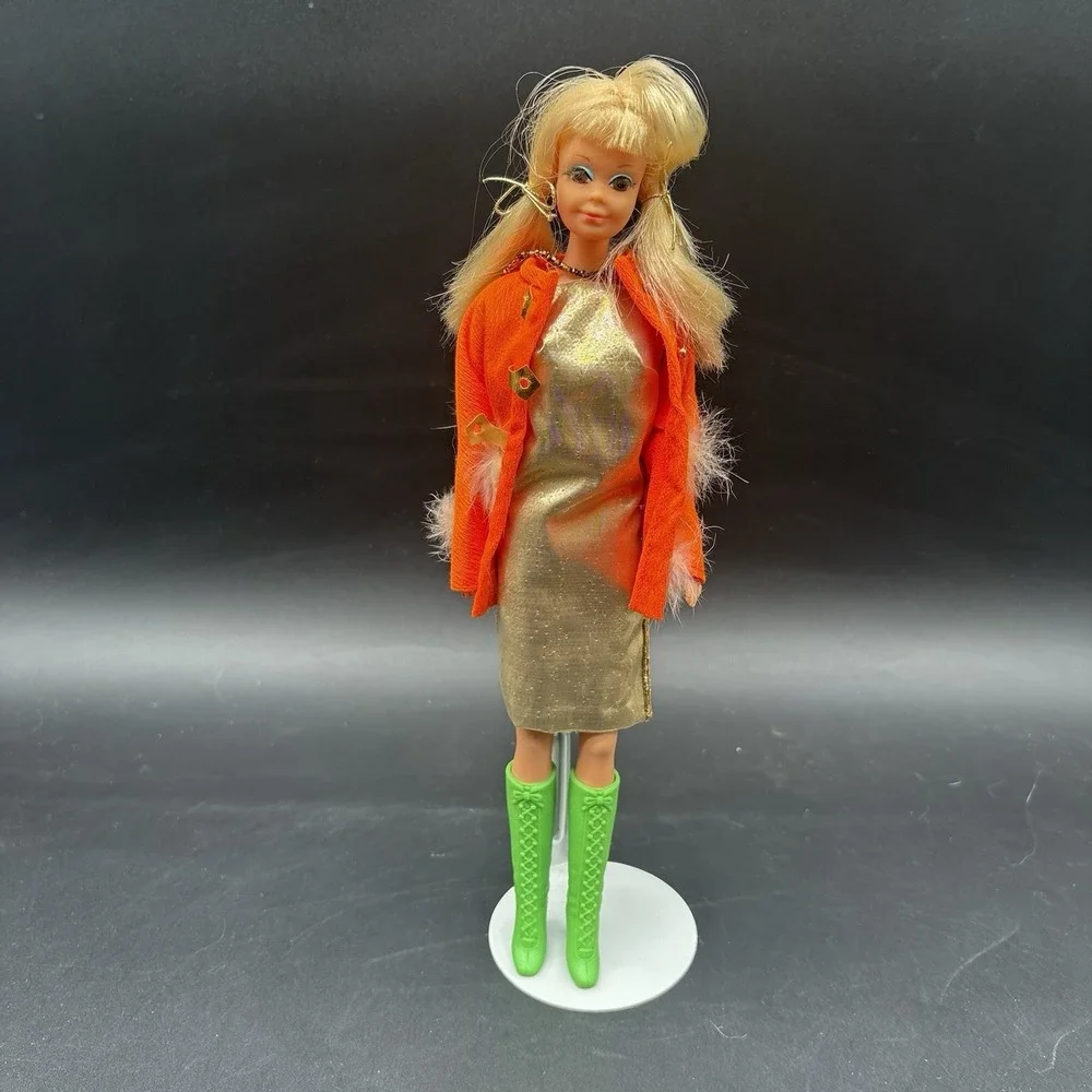 Vintage 1970s Barbie Doll Orange Fur Trim Jacket Gold Dress Green Boots